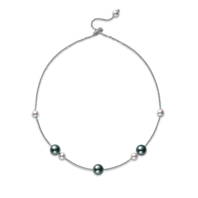 Pearls in Motion Black South Sea and Akoya Cultured Pearl Necklace with Diamonds in 18K White Gold