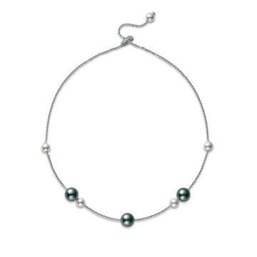 Pearls in Motion Black South Sea and Akoya Cultured Pearl Necklace with Diamonds in 18K White Gold