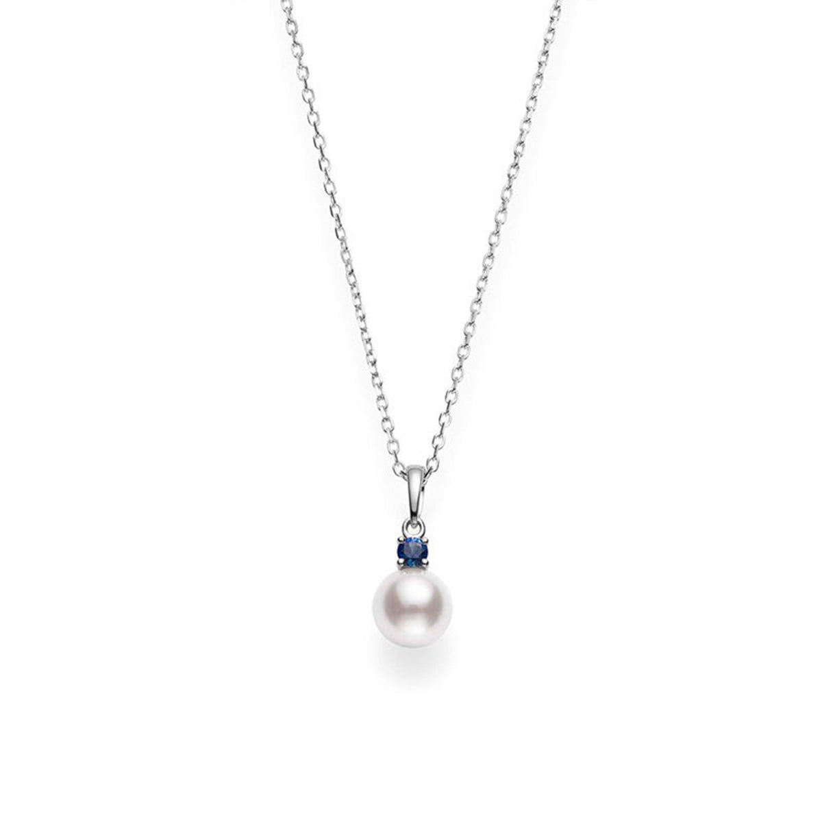 Akoya Cultured Single Pearl Pendant with Sapphire in 18K White Gold