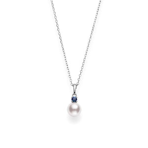 Akoya Cultured Single Pearl Pendant with Sapphire in 18K White Gold